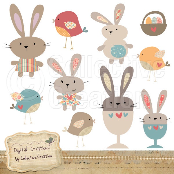 Egg Cup Bunny Rabbit and Bird Digital Clip Art - Cute Patterned Birds and Bunnies Clipart perfect for Scrapbooking and Paper Crafts