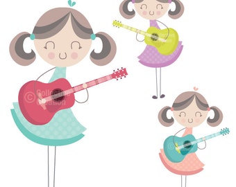 Girl Playing the Guitar Clip Art Clipart Set - Personal and Commercial Use