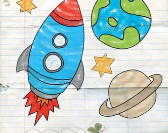 Doodle Child Hand Drawn Space Rocket Ship Digital Clip Art Set - Personal and Commercial Use