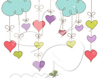 Hanging Hearts Digital Clip Art Clipart Set - Commercial and Personal Use