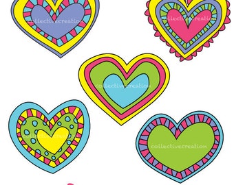 Bright Doodle Hearts Digital Clipart - Ideal for Scrapbooking, Card Making and Paper Crafts, Clip Art