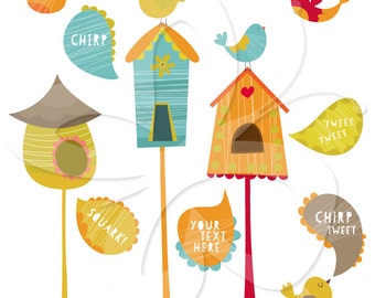 Tweet Tweet Chirp Birds and Bird Houses Clip Art Clipart Set
