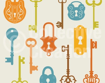 Antique Keys and Locks Clip Art Clipart Set - Personal and Commercial Use