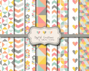 Carolyn Pink Mint and Yellow Digital Paper Set - Commercial and Personal Use