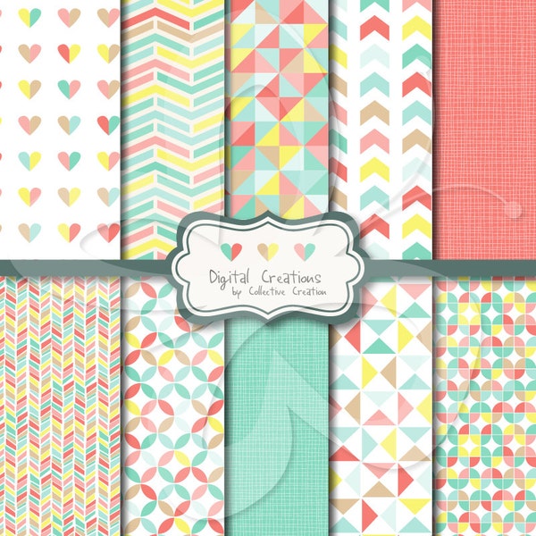 Mint and Coral Digital Paper Background Set