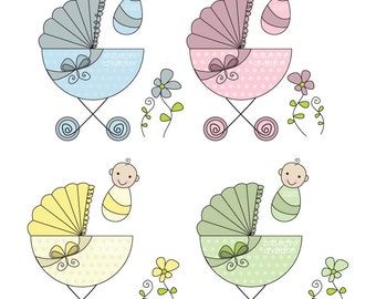 Baby & Pram Clipart - Great Baby Shower theme for Invitations or Scrapbooking, Cardmaking and Paper Crafts.