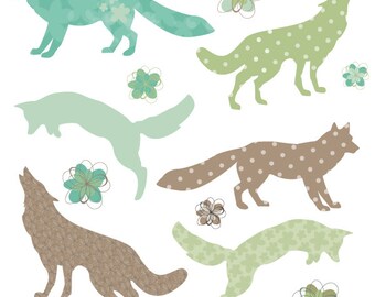 Fox Silhouette Shapes in Green and Brown with Flower Digital Clip Art - Personal and Commercial Use