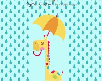 Rainy Day Giraffe and his Umbrella Digital Clipart - Clip Art for Commercial and Personal Use - Scrapbooking, Cards etc