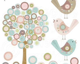 Button Tree and Birds Digital Clip Art Set - Personal and Commercial Use