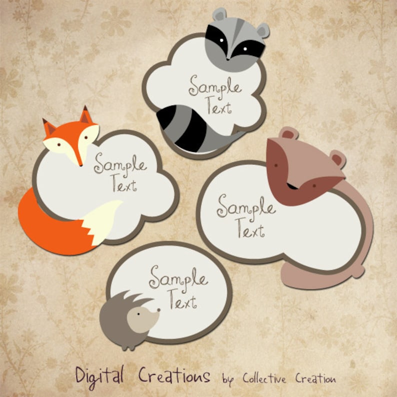 Woodland Animal Tags / Frames Digital Clipart Set Fox, Raccoon, Hedgehog and Bear image 1