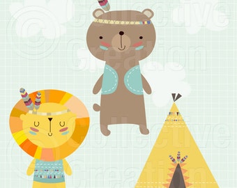 Playtime Bear and Lion with Teepee Digital Clipart Clip Art - Commercial and Personal Use