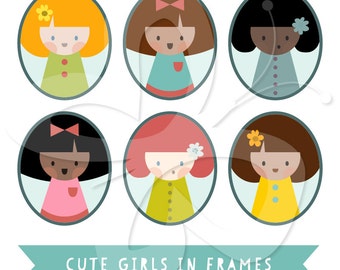 Cute Girls in Frames Clip Art Clipart Set - Personal and Commercial Use