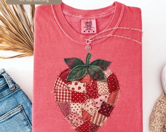 Strawberry Comfort Colors® Shirt, Patchwork Quilted Farmhouse Berry Tee, Rustic Gingham Floral Cottagecore Aesthetic, Vintage Print Shirt