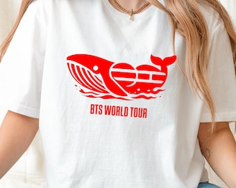 Camiseta de la gira mundial de BTS con diseño de ballena, atuendo para concierto de Kpop, camiseta gráfica inspirada en ballenas, camiseta de fan art, camiseta minimalista roja estética, camiseta unisex de Kpop