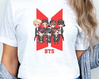 Chemise BTS Chibi, T-shirt Fan Art Kpop, T-shirt de groupe de garçons coréens mignons, cadeau de l'armée, T-shirt graphique Kpop