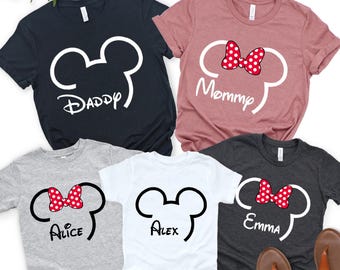 Chemises famille Disney assorties, t-shirts voyage Disney personnalisés, chemises famille oreilles de Mickey et Minnie Mouse, cadeaux chemises Disney noms personnalisés