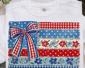 Coquette American Flag PNG, Lazo patriótico Ditsy Floral, Diseño a cuadros de EE. UU., Pincelada retro, Archivo digital DTF para sublimación del 4 de julio
