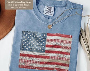 Chemise Comfort Colors® 4 juillet, chemise drapeau américain rétro, chemise patchwork des États-Unis, chemise patriotique, chemise du 4 juillet, chemise drapeau des États-Unis