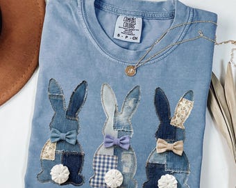 Chemise lapin imitation patchwork Comfort Colors®, chemise de Pâques cottagecore vintage, t-shirt graphique à fleurs printanières, cadeau pour femme