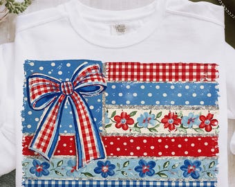 Coquette drapeau américain PNG, noeud patriotique Ditsy Floral, damier USA Design, coup de pinceau rétro, 4 juillet Sublimation DTF fichier numérique