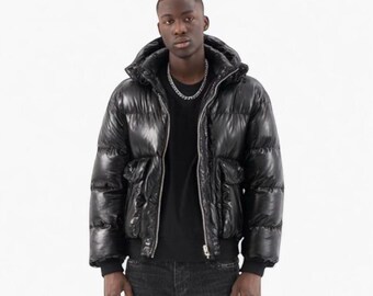 Schwarze Lammfell-Lederblase für Herren - Buffer Bikermantel - Streetwear, Moto, Grunge, Vintage-Oberbekleidung