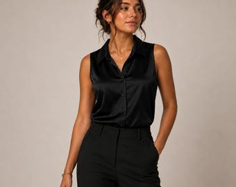 Womens Satin Sleeveless Blouse, Silk Button Down Tank Top, Elegant Office Work Shirt, Casual Dressy Summer Top, Loose Fit Blouse