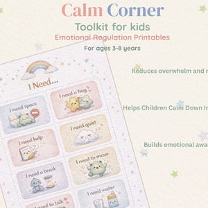 Op de afbeelding: Een "Calm Corner Toolkit" voor kinderen van 3-8 jaar, met pastelkleurige illustraties en zinnen als "Ik heb ruimte nodig" en "Ik heb een knuffel nodig". De toolkit is bedoeld om kinderen te helpen emoties te beheersen.