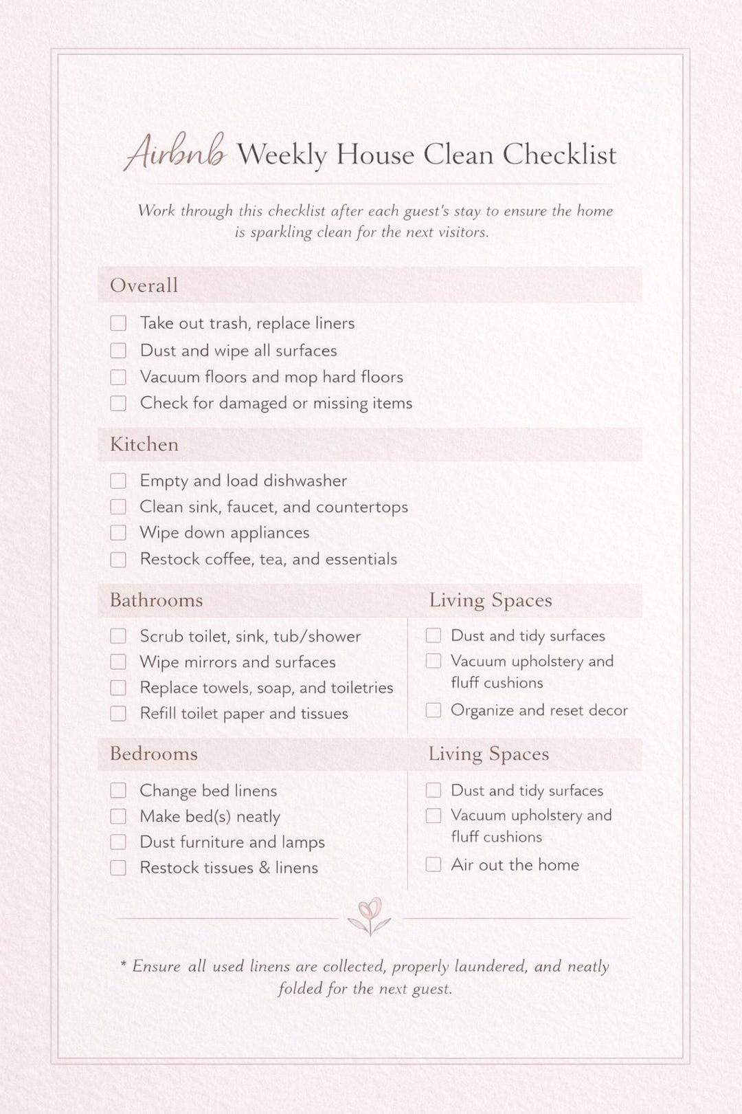 Airbnb Cleaning Checklist Printable Weekly House Clean Template A4