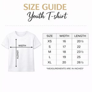 May include: A white youth t-shirt with a size guide. The guide shows measurements in inches for sizes XS to XL. The width ranges from 16 to 20 inches, and the length from 20 1/2 to 26 1/2 inches.