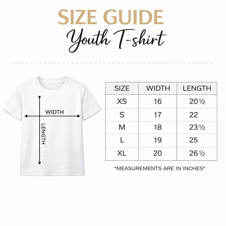 May include: A white youth t-shirt with a size guide. The guide shows measurements in inches for sizes XS to XL. The width ranges from 16 to 20 inches, and the length from 20 1/2 to 26 1/2 inches.