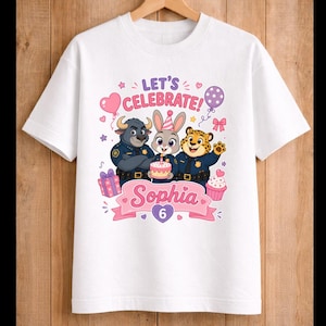 May include: White t-shirt with a colorful graphic featuring three cartoon animal characters in police uniforms, a cake, balloons, and the text "Let's Celebrate!" and "Sophia 6".