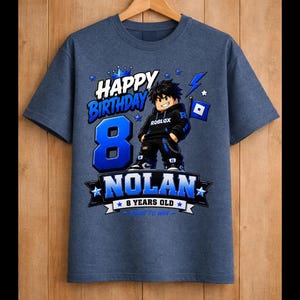 May include: Blue t-shirt with a birthday theme. The shirt features the text "Happy Birthday" and the number "8" in blue. A cartoon character is in the center, with the name "Nolan" below. The shirt also says "8 years old".
