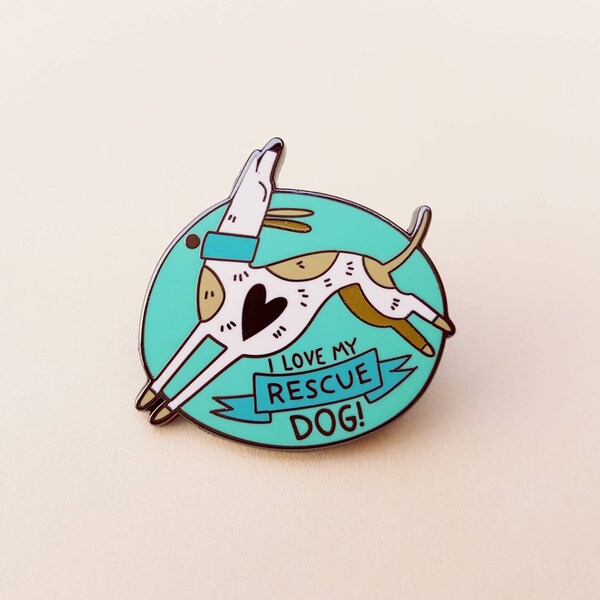 I Love My Rescue Dog enamel pin GREEN WHITE BROWN