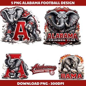 Pode incluir: Uma coleção de cinco designs digitais com a equipa de futebol americano Alabama Crimson Tide. Os designs incluem ilustrações de uma mascote de elefante, a letra "A" e o nome da equipa. Os designs são em vermelho, branco e cinzento.