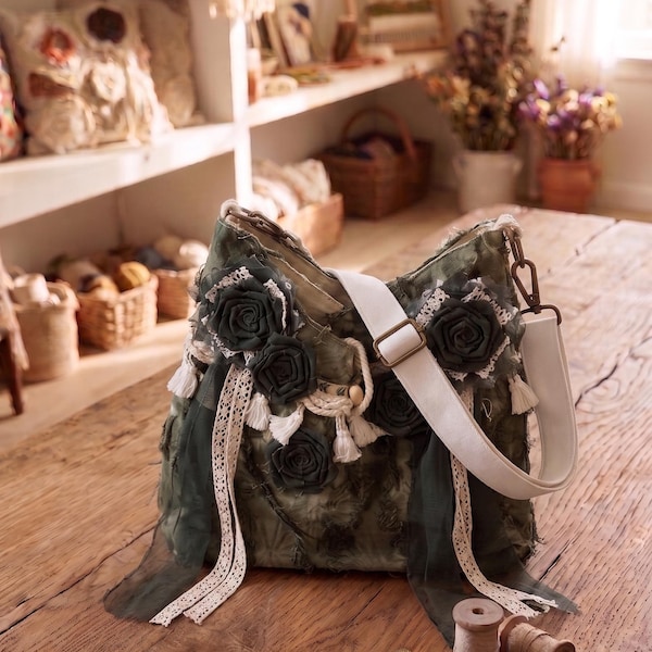 Boho Forest Green Handwoven Shoulder Bag Ribbon Rose Vintage Tassel Crossbody Bag Shabby Chic Lace Cottagecore Handbag Artisanal Gift