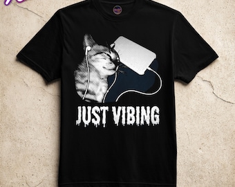 Rolig katt-T-shirt med hörlurar, rolig meme-tröja