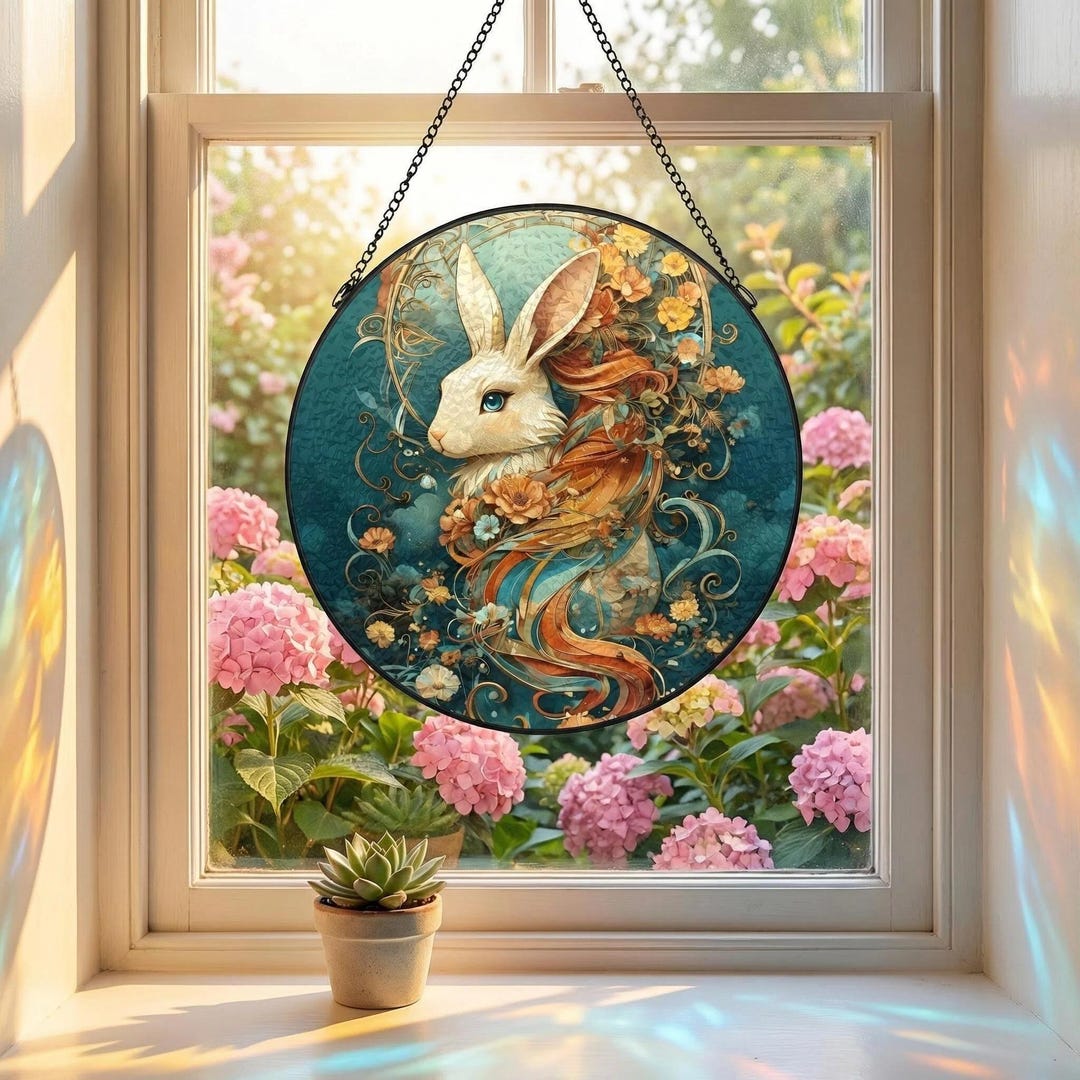 Stained Glass Spring Rabbit Rabbit Stained Glass Suncatcher, Floral Animal Art, Handmade Glass ...
