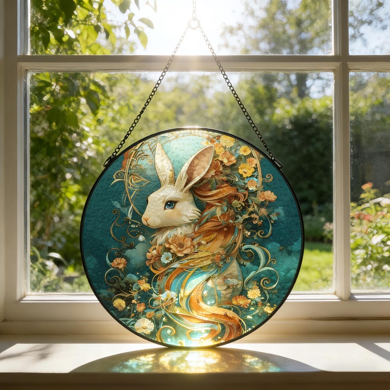 Rabbit Stained Glass Suncatcher, Floral Animal Art, Handmade Glass ...