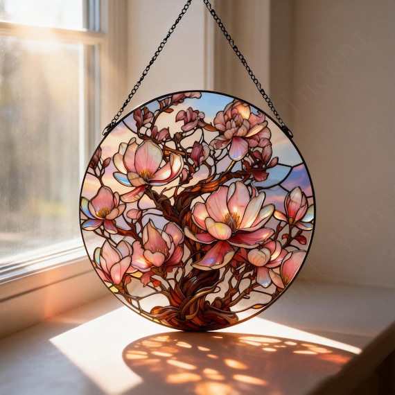 Pink Magnolia Suncatcher, Stained Glass Style Window Hanging, Floral Spring Decor
