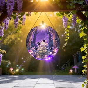 May include: A circular hanging suncatcher featuring a vibrant purple forest scene with small black soot sprites, glowing white flowers, and pink mushrooms. The piece is suspended by a metal chain, capturing light to illuminate the detailed illustration.