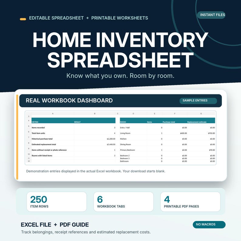 Home Inventory Spreadsheet for Insurance, Excel and Google Sheets ...