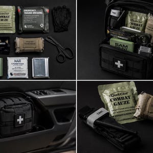May include: A black tactical medical trauma kit containing various emergency supplies including QuikClot combat gauze, a SAM splint, chest seals, an emergency trauma dressing, medical shears, black gloves, and a tourniquet with a white time label.