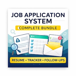 May include: An illustration promoting a job application system. The image features a resume, a checklist, and an envelope with a notification. Text includes "JOB APPLICATION SYSTEM", "COMPLETE BUNDLE", and "RESUME + TRACKER + FOLLOW-UPS".