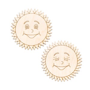 Sol feliz - Detalle de madera recortada - Dos opciones de diseño - Decoración con tema de sol de verano - Dos opciones de caras - Varios tamaños - Manualidades de bricolaje - Sol de dibujos animados - Tema soleado