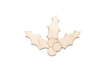 Figura de madera de acebo y bayas cortada con láser, sin acabado, para manualidades. Varios tamaños disponibles.