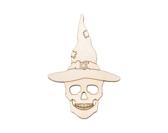 Skull Witch Detailed Wood Cutout - Laser Cut Unfinished Craft Shape - Multiple Sizes