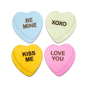 Conversation Hearts-With Etched Fraises-Painted Candy Hearts Wood Cutouts-Candy Decor-Valentine Decor-Valentine&#39;s Day Accents-4 Color Set