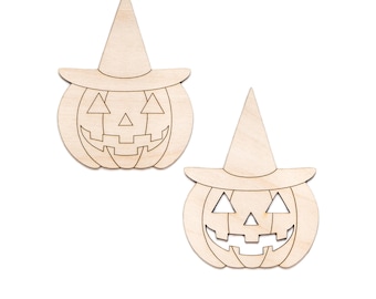 Jack O Lantern With Witch Hat Detailed Wood Cutout - Laser Cut Unfinished Craft Shape - Multiple Sizes