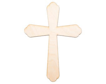 Figura de madera en blanco con forma de cruz y borde injertado, cortada con láser y sin acabado. Varios tamaños.