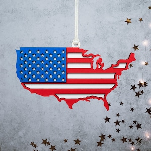 USA Flag Painted Wood Ornament-Patriotic Decor-Red White And Blue-Holiday Decor-Two Layer Piece-Tree Ornament-Patriotic Gifts Theme Decor